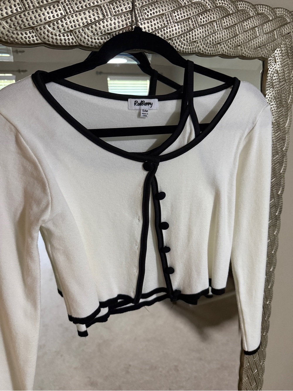 RedBerry White Cropped Knit Cardigan with Black Trim